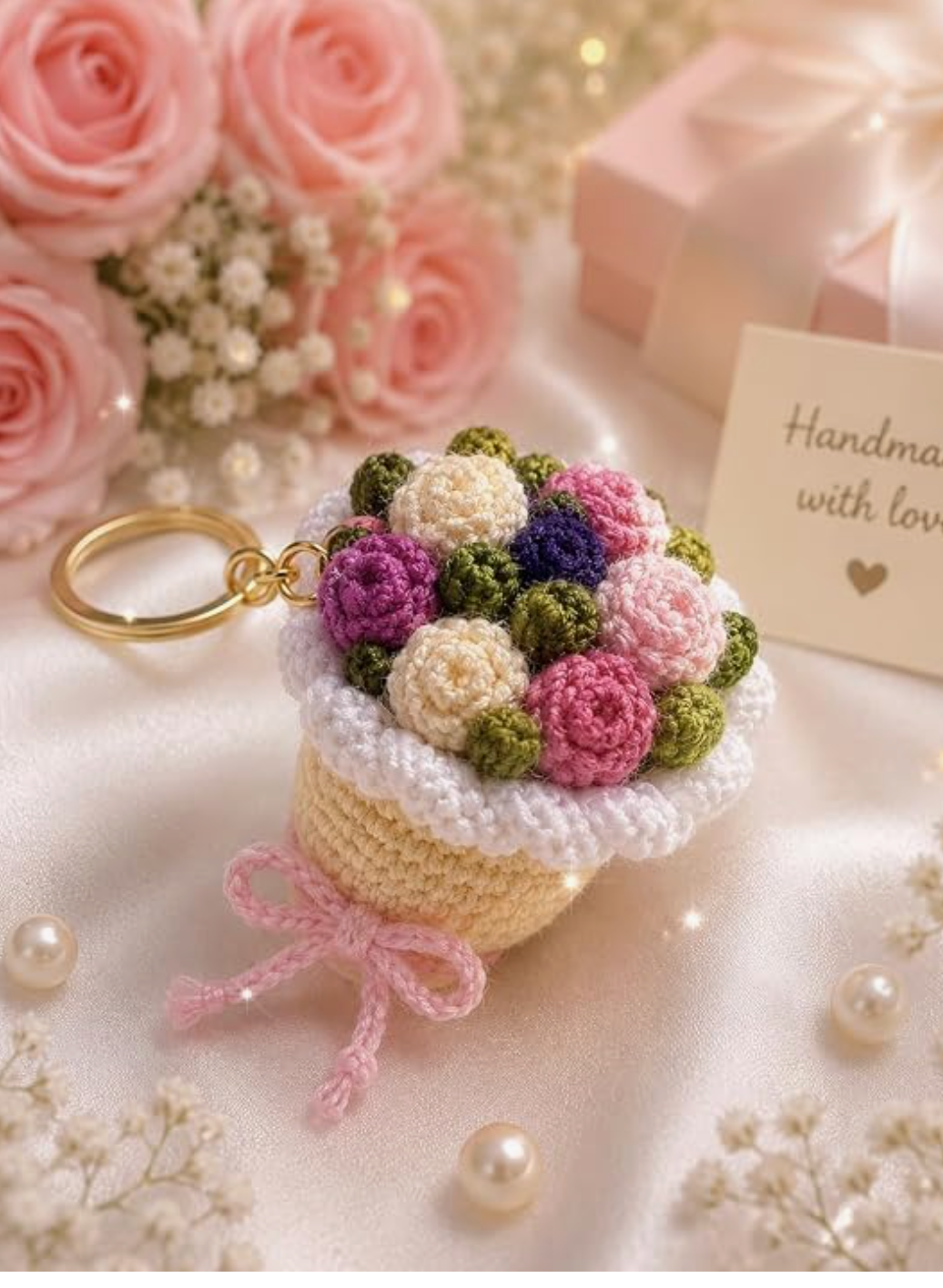 Darak Gifting Co. Handmade Crochet Multicolour Flower Bouquet Keychain | Soft Yarn Knitted, Bag & Car Key Charm, Aesthetic Floral Design, Key Ring Included