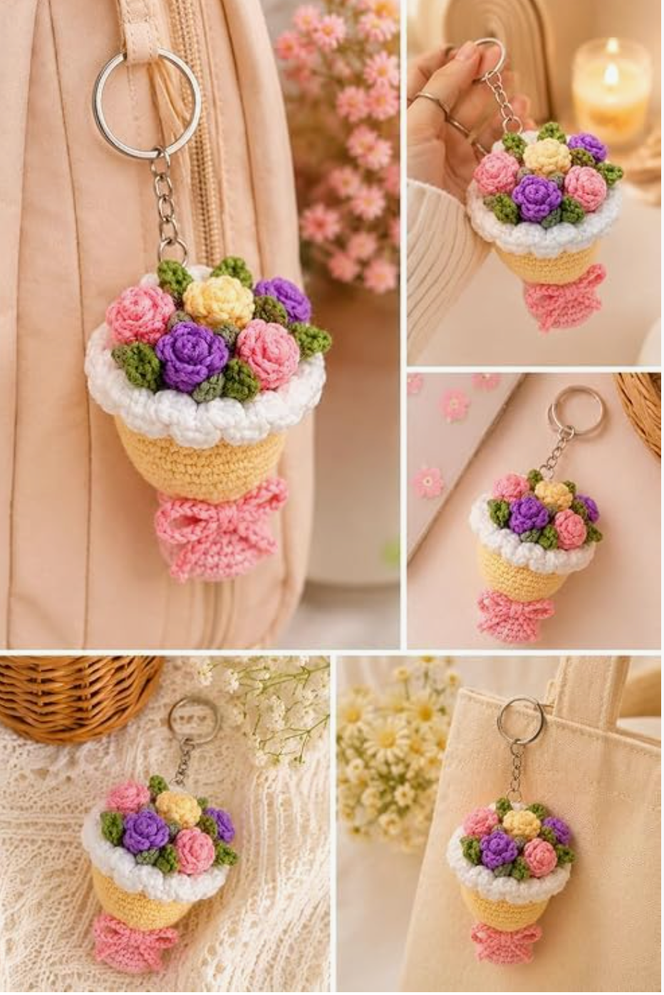 Darak Gifting Co. Handmade Crochet Multicolour Flower Bouquet Keychain | Soft Yarn Knitted, Bag & Car Key Charm, Aesthetic Floral Design, Key Ring Included