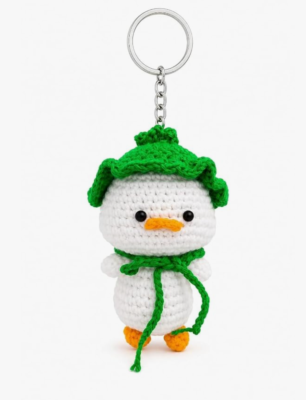 Darak Gifting Co. Handmade Crochet Duck Keychain with Green Hat | Amigurumi Design, Cotton Yarn, 12 cm Size, Bag Charm, Metal Key Ring
