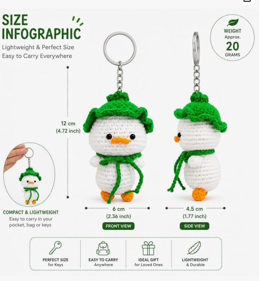 Darak Gifting Co. Handmade Crochet Duck Keychain with Green Hat | Amigurumi Design, Cotton Yarn, 12 cm Size, Bag Charm, Metal Key Ring