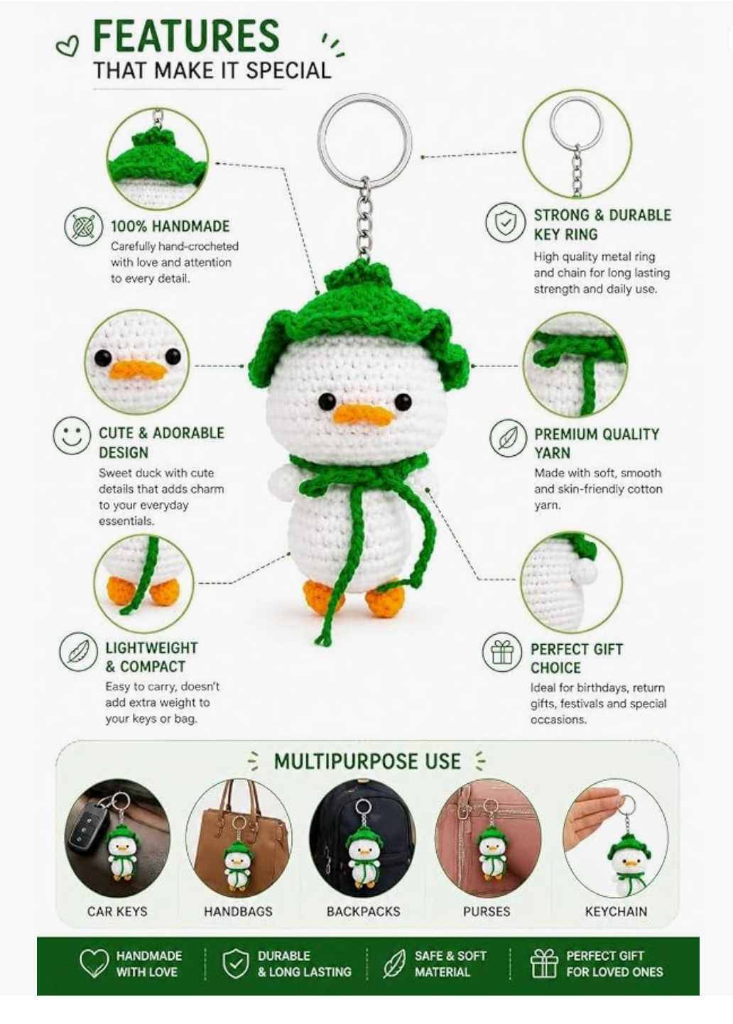 Darak Gifting Co. Handmade Crochet Duck Keychain with Green Hat | Amigurumi Design, Cotton Yarn, 12 cm Size, Bag Charm, Metal Key Ring