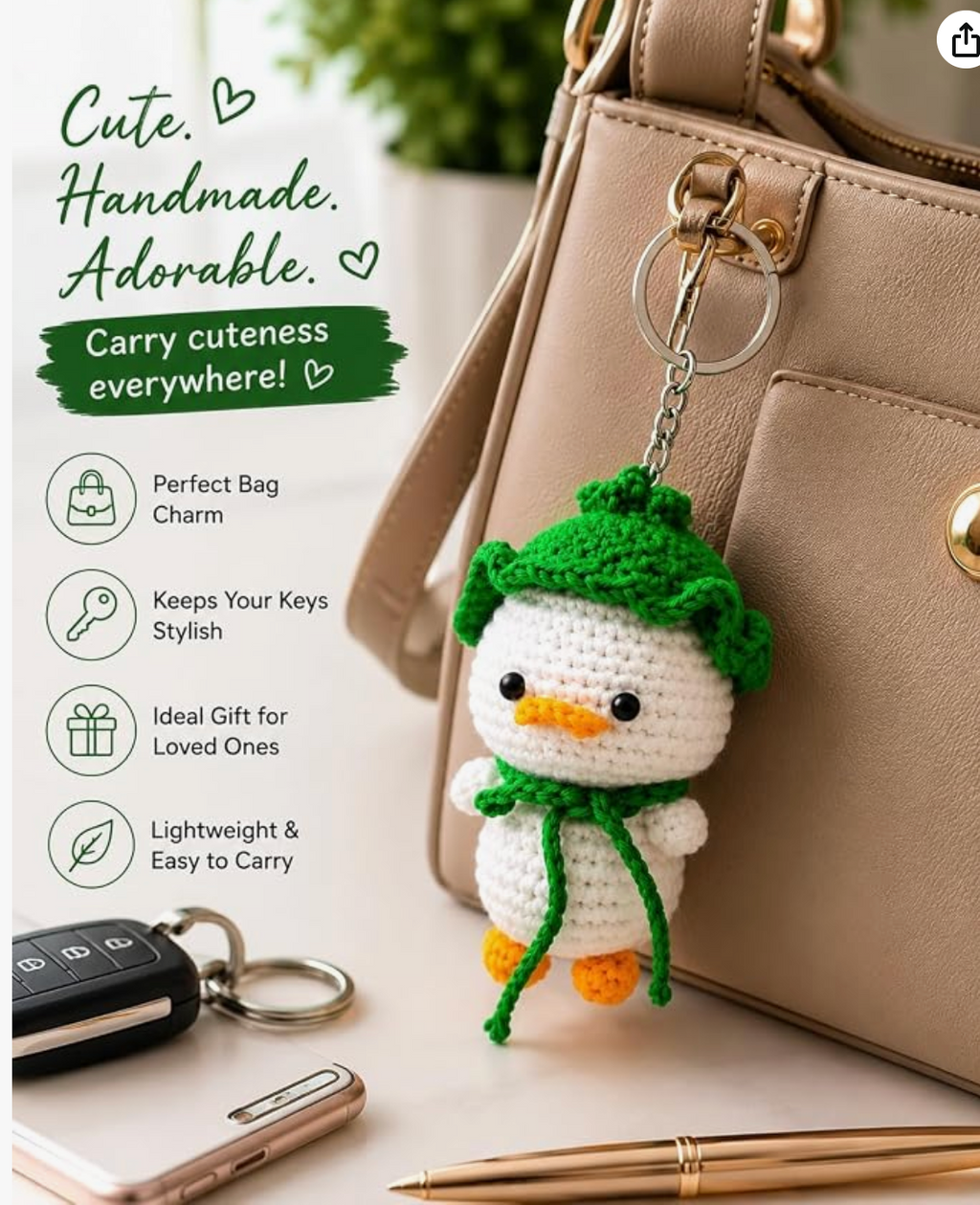 Darak Gifting Co. Handmade Crochet Duck Keychain with Green Hat | Amigurumi Design, Cotton Yarn, 12 cm Size, Bag Charm, Metal Key Ring