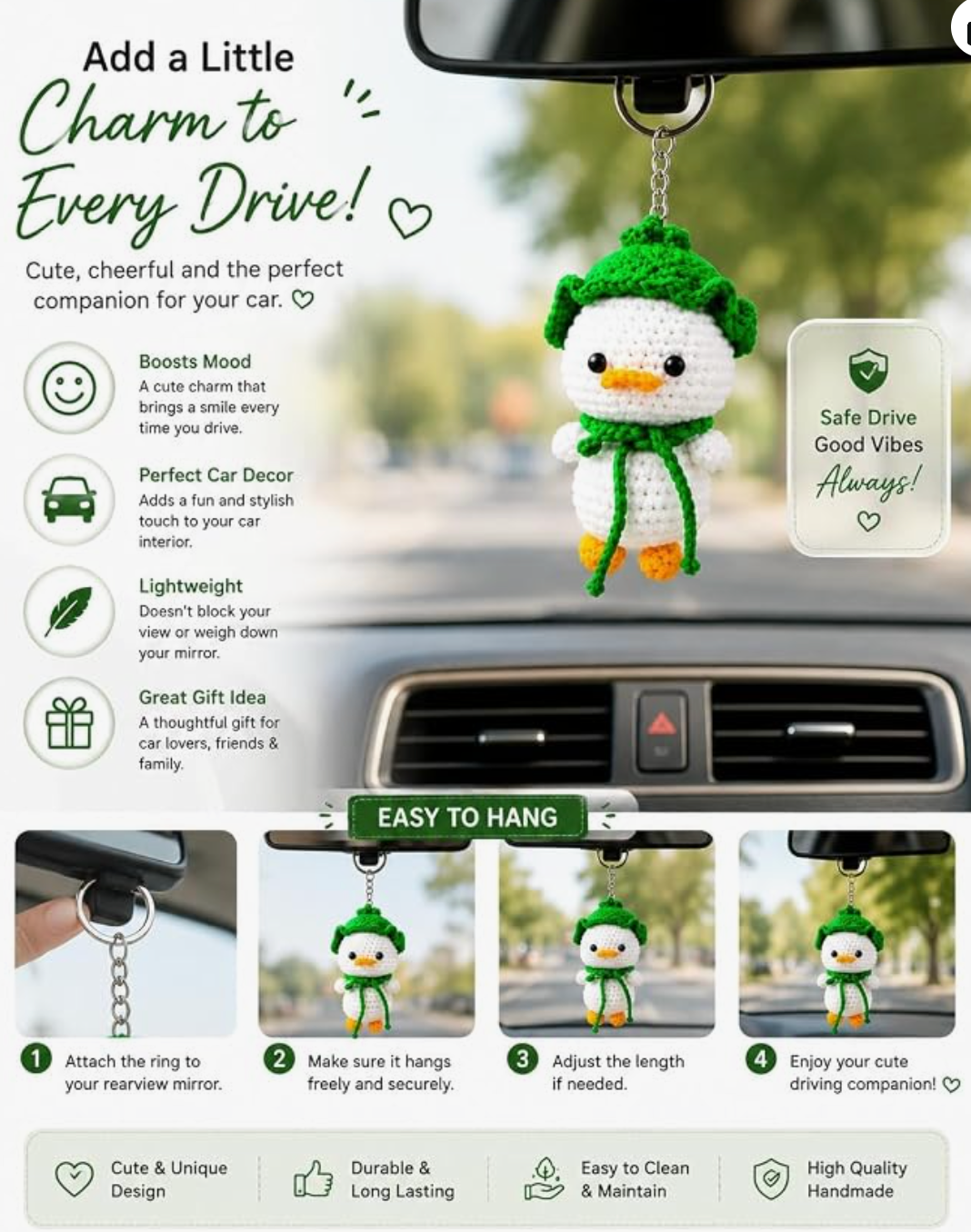 Darak Gifting Co. Handmade Crochet Duck Keychain with Green Hat | Amigurumi Design, Cotton Yarn, 12 cm Size, Bag Charm, Metal Key Ring
