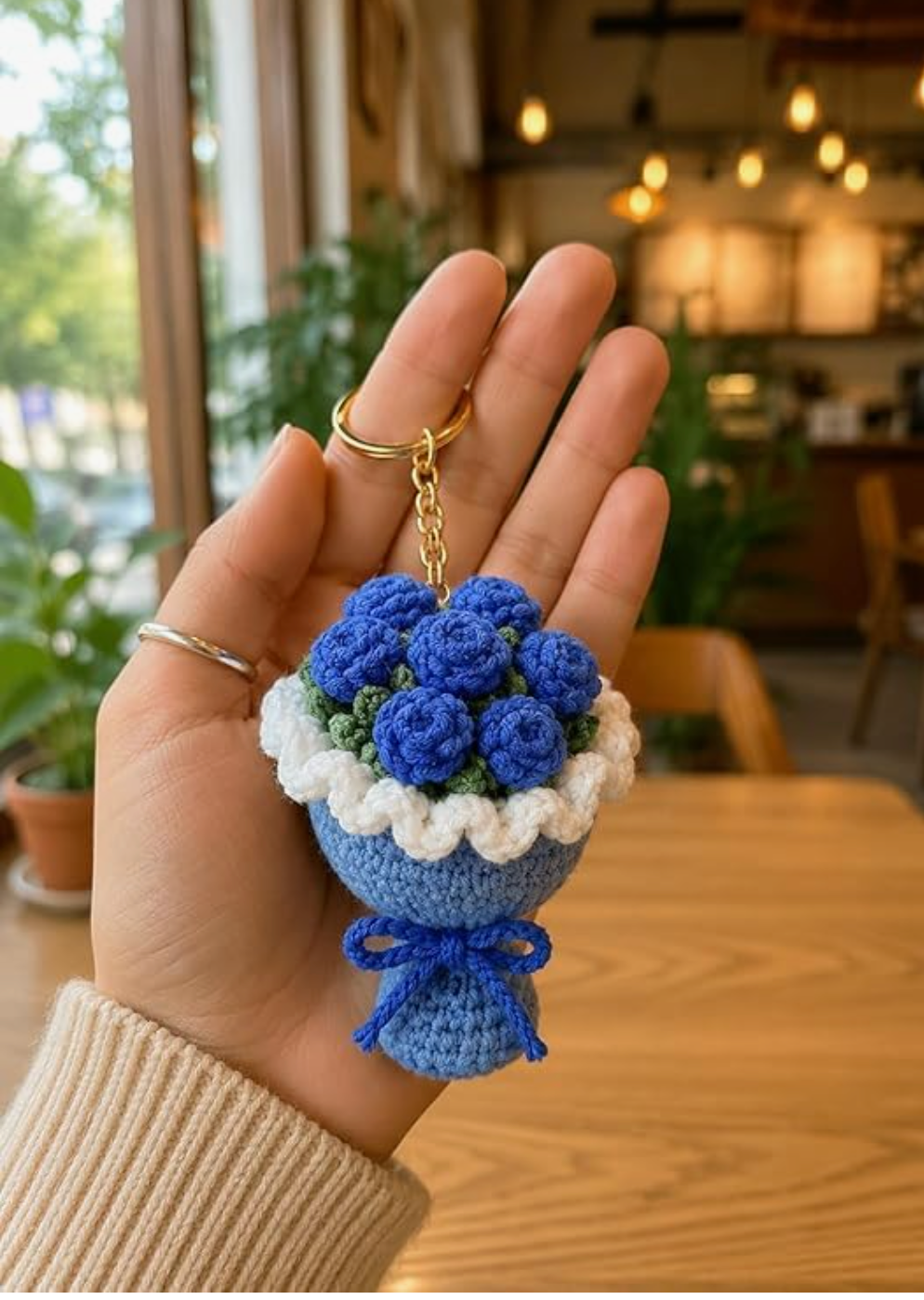 Darak Gifting Co. Handmade Crochet Blue Flower Bouquet Keychain | Soft Yarn Knitted, Bag & Car Key Charm, Aesthetic Floral Design, Key Ring Included