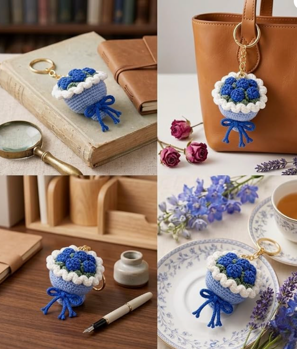 Darak Gifting Co. Handmade Crochet Blue Flower Bouquet Keychain | Soft Yarn Knitted, Bag & Car Key Charm, Aesthetic Floral Design, Key Ring Included