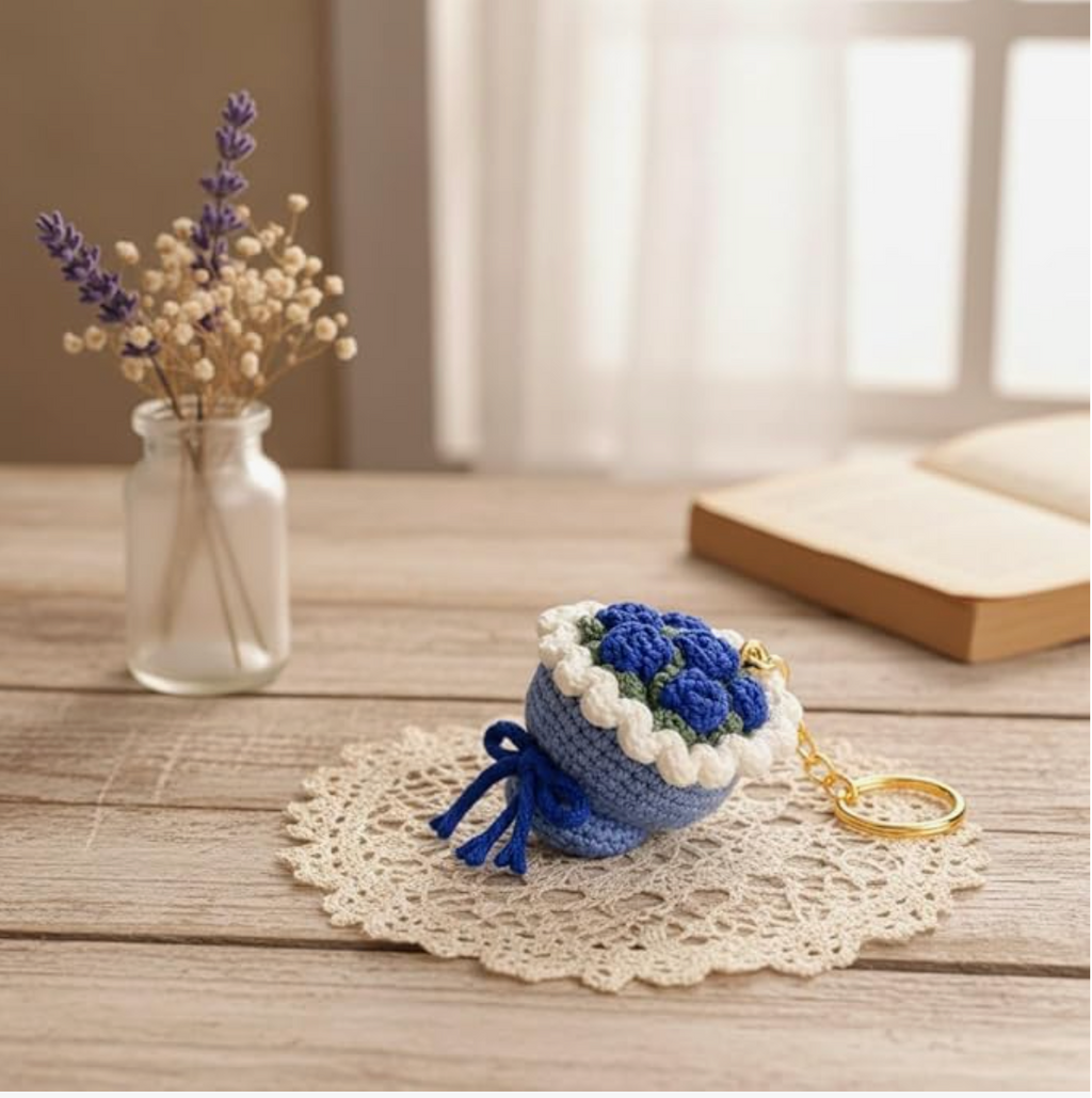 Darak Gifting Co. Handmade Crochet Blue Flower Bouquet Keychain | Soft Yarn Knitted, Bag & Car Key Charm, Aesthetic Floral Design, Key Ring Included