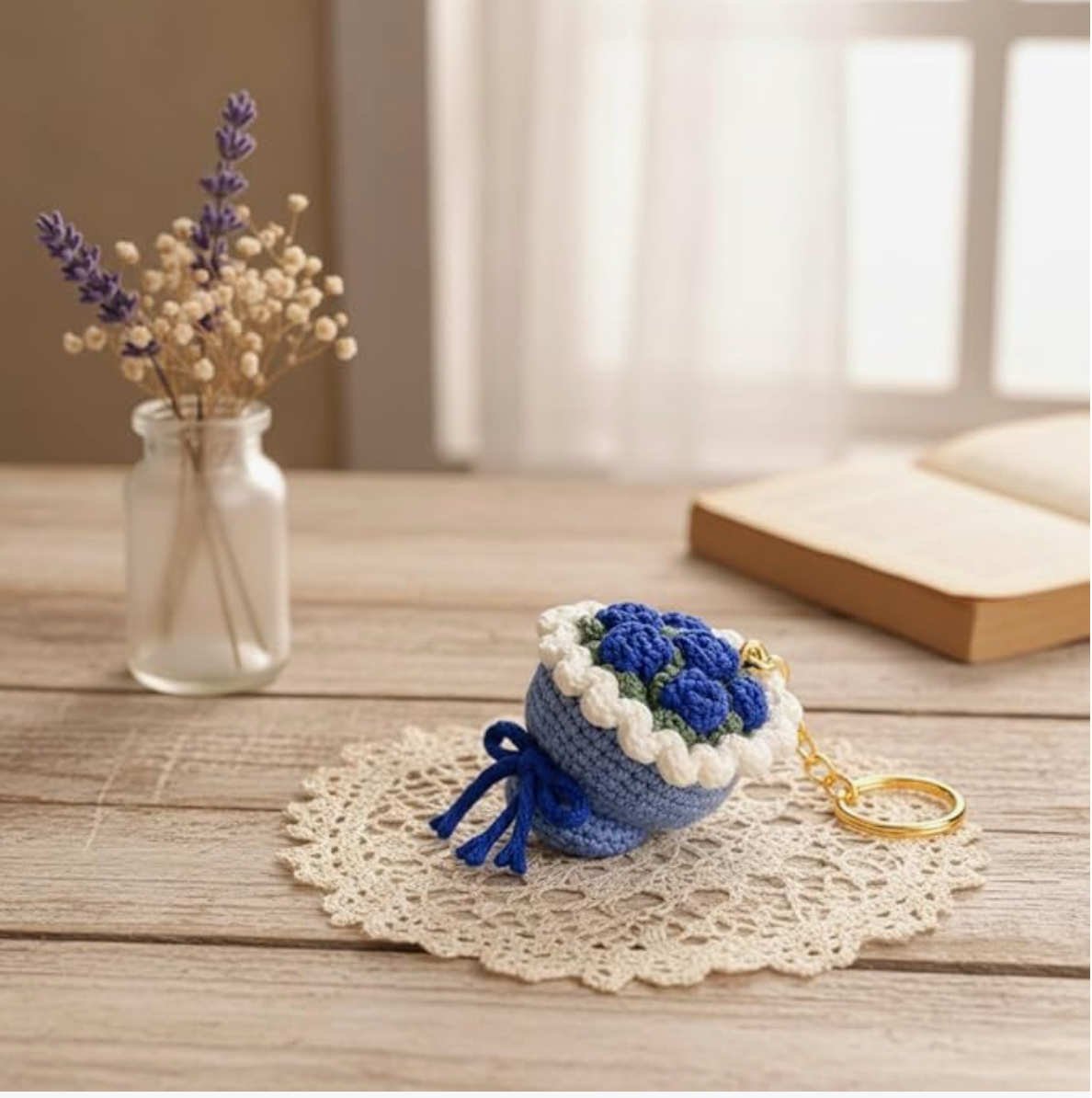 Darak Gifting Co. Handmade Crochet Blue Flower Bouquet Keychain | Soft Yarn Knitted, Bag & Car Key Charm, Aesthetic Floral Design, Key Ring Included