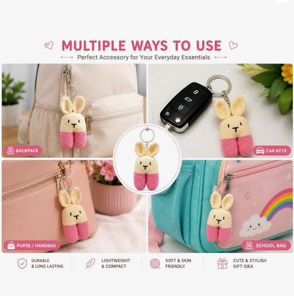 Darak Gifting Co. Handmade Crochet Bunny Keychain Soft Cotton Yarn | Amigurumi Rabbit, Kawaii Bag Charm, 12.5 cm Height, Lightweight, Handmade