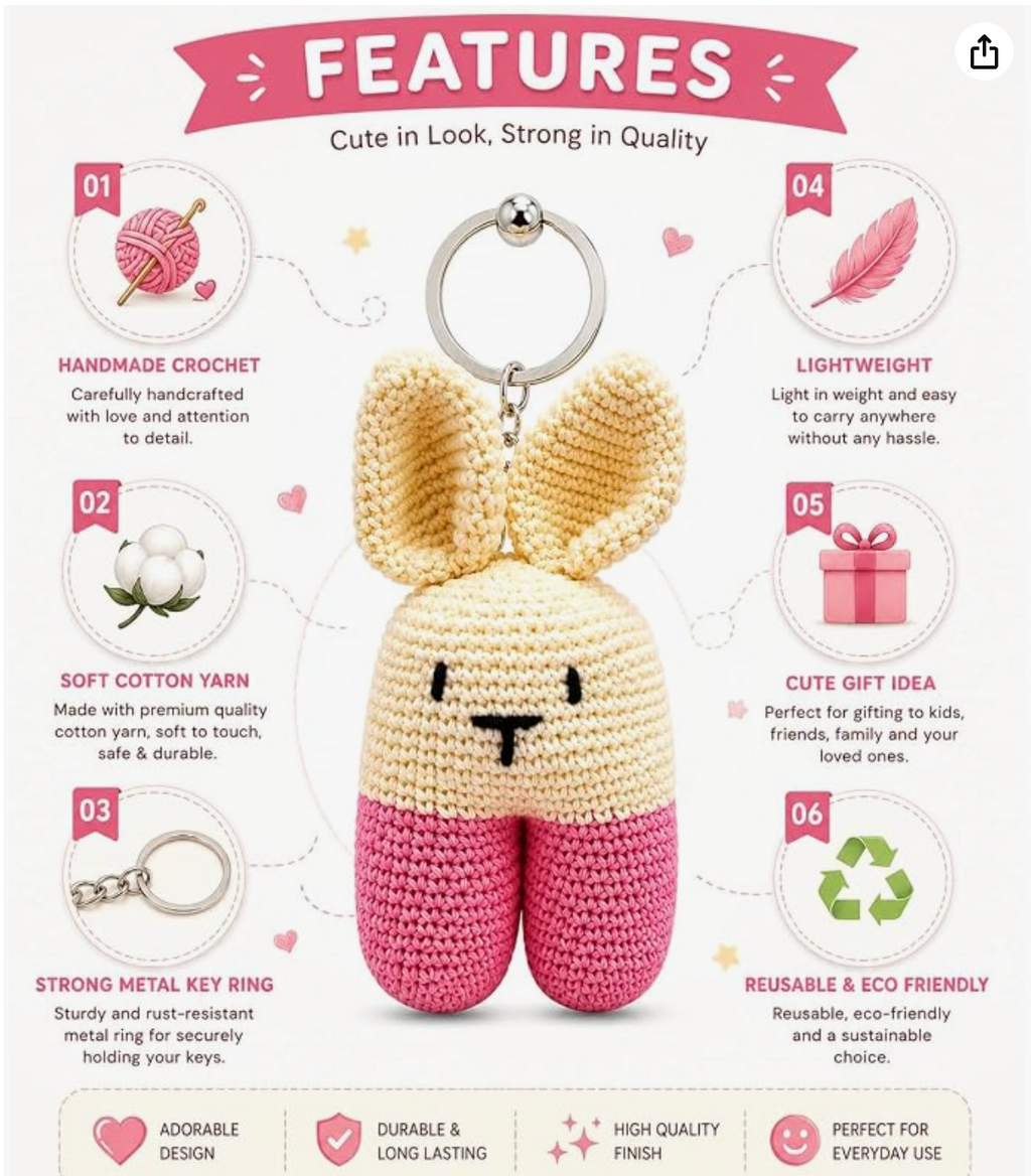 Darak Gifting Co. Handmade Crochet Bunny Keychain Soft Cotton Yarn | Amigurumi Rabbit, Kawaii Bag Charm, 12.5 cm Height, Lightweight, Handmade