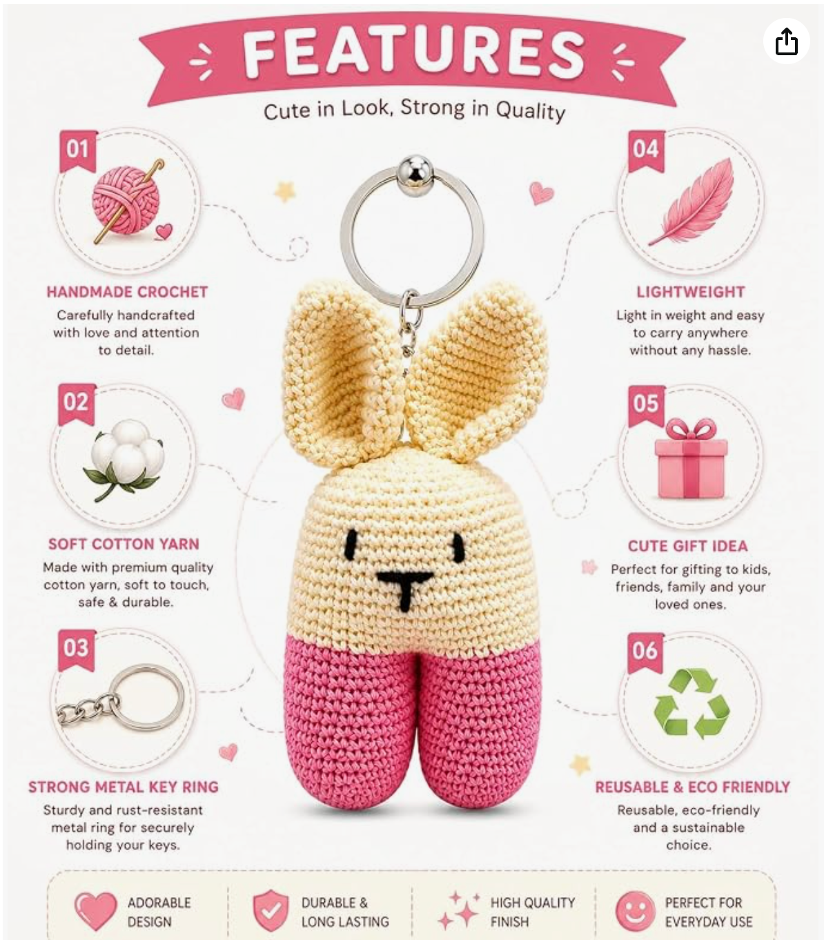 Darak Gifting Co. Handmade Crochet Bunny Keychain Soft Cotton Yarn | Amigurumi Rabbit, Kawaii Bag Charm, 12.5 cm Height, Lightweight, Handmade