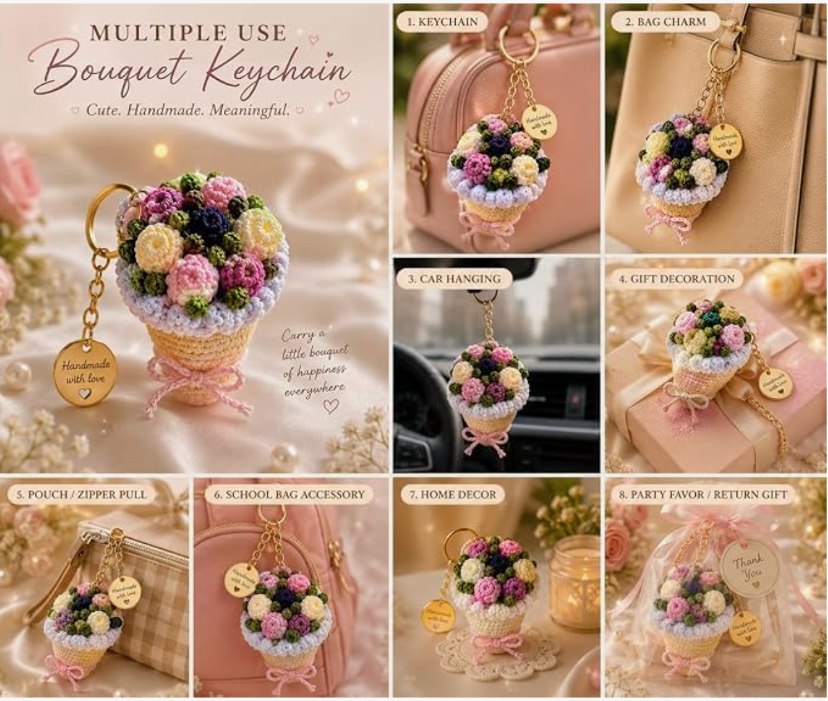 Darak Gifting Co. Handmade Crochet Multicolour Flower Bouquet Keychain | Soft Yarn Knitted, Bag & Car Key Charm, Aesthetic Floral Design, Key Ring Included