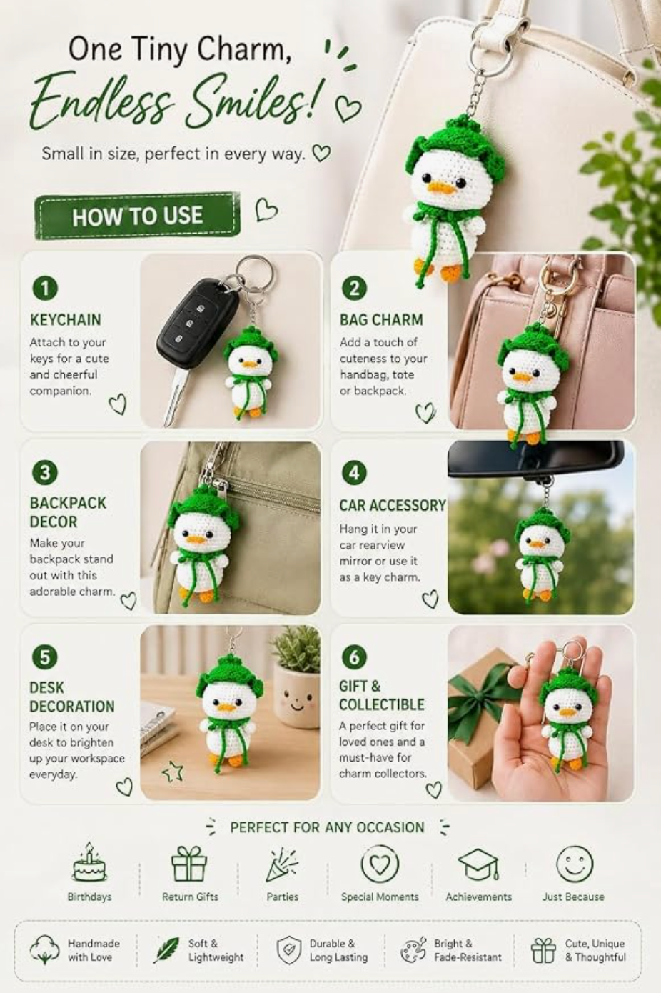 Darak Gifting Co. Handmade Crochet Duck Keychain with Green Hat | Amigurumi Design, Cotton Yarn, 12 cm Size, Bag Charm, Metal Key Ring