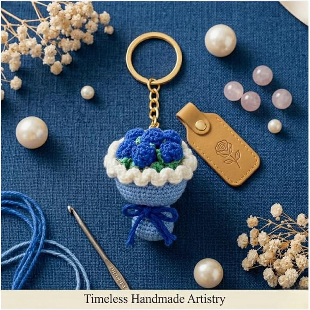 Darak Gifting Co. Handmade Crochet Blue Flower Bouquet Keychain | Soft Yarn Knitted, Bag & Car Key Charm, Aesthetic Floral Design, Key Ring Included