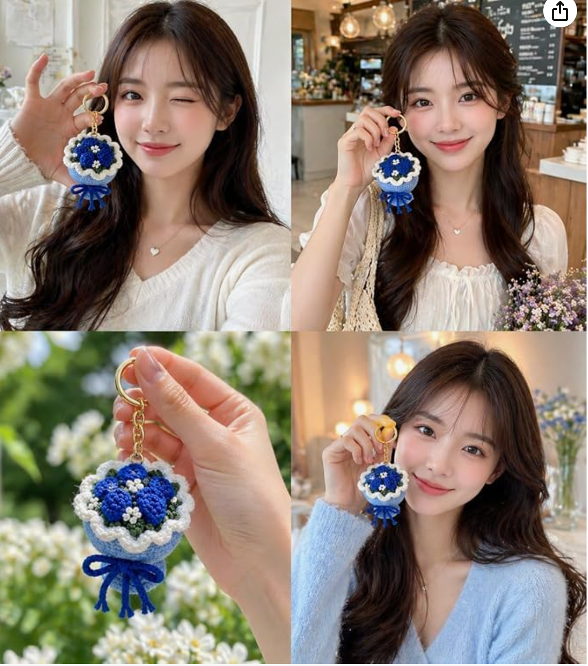Darak Gifting Co. Handmade Crochet Blue Flower Bouquet Keychain | Soft Yarn Knitted, Bag & Car Key Charm, Aesthetic Floral Design, Key Ring Included