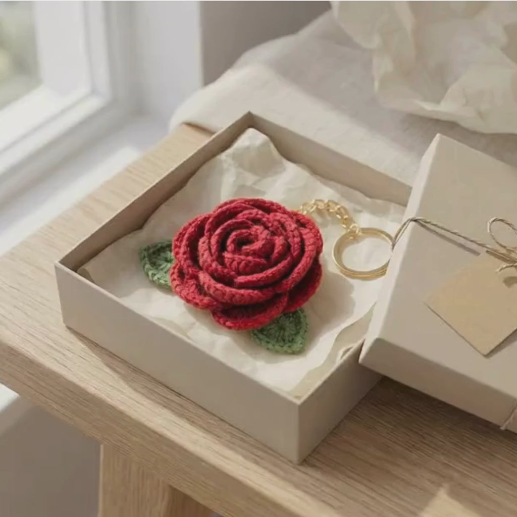 Darak Gifting Co. Handmade Crochet Rose Flower Keychain for Women & Girls, Cute Red Flower Key Ring, Soft Yarn Knitted Charm, Romantic Gift, Bag Accessory, Car Key Holder, Aesthetic Handmade Gift