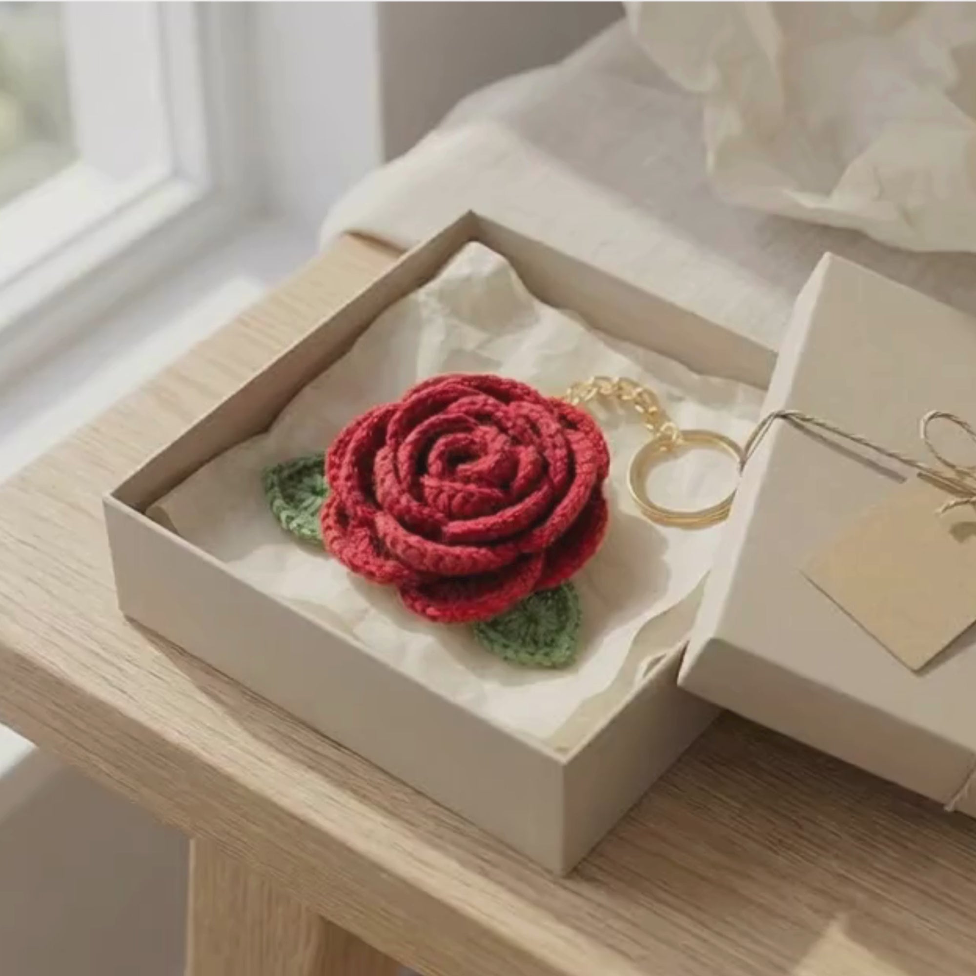 Darak Gifting Co. Handmade Crochet Rose Flower Keychain for Women & Girls, Cute Red Flower Key Ring, Soft Yarn Knitted Charm, Romantic Gift, Bag Accessory, Car Key Holder, Aesthetic Handmade Gift